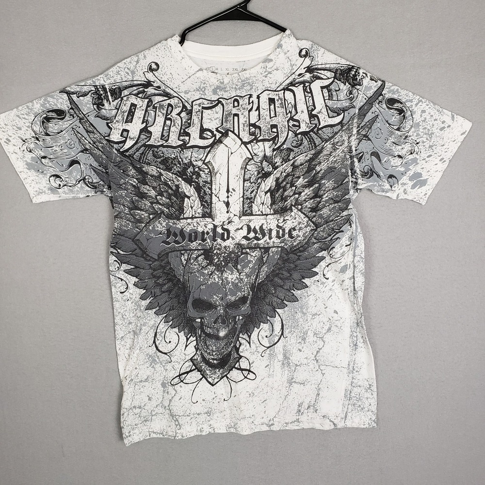 Affliction Archaic Size S Skull & Wings Graphic Tee Shirt White Y2K Alternative